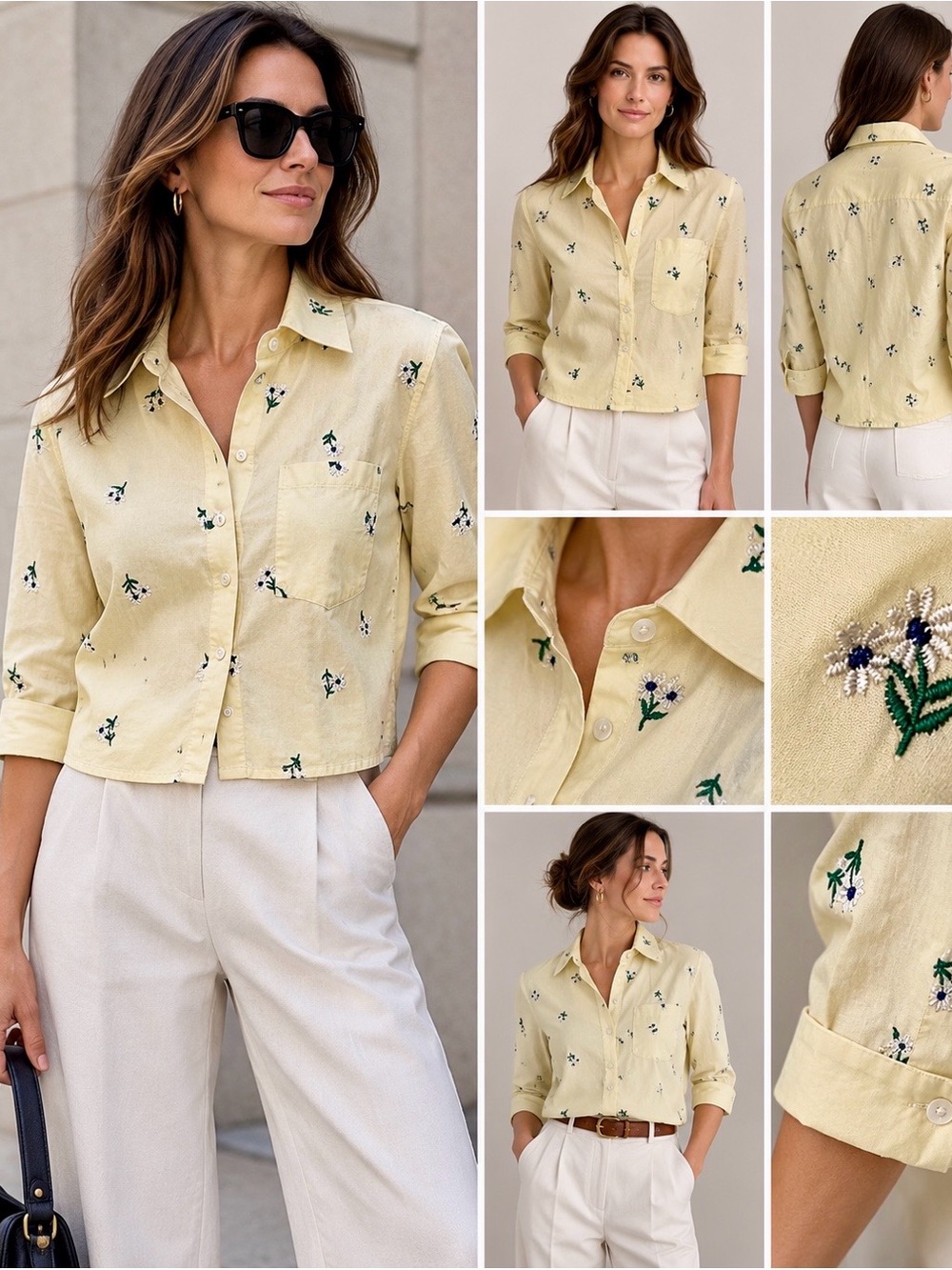 MNG Pale Yellow Cropped Button-Down Shirt with Floral Embroidery